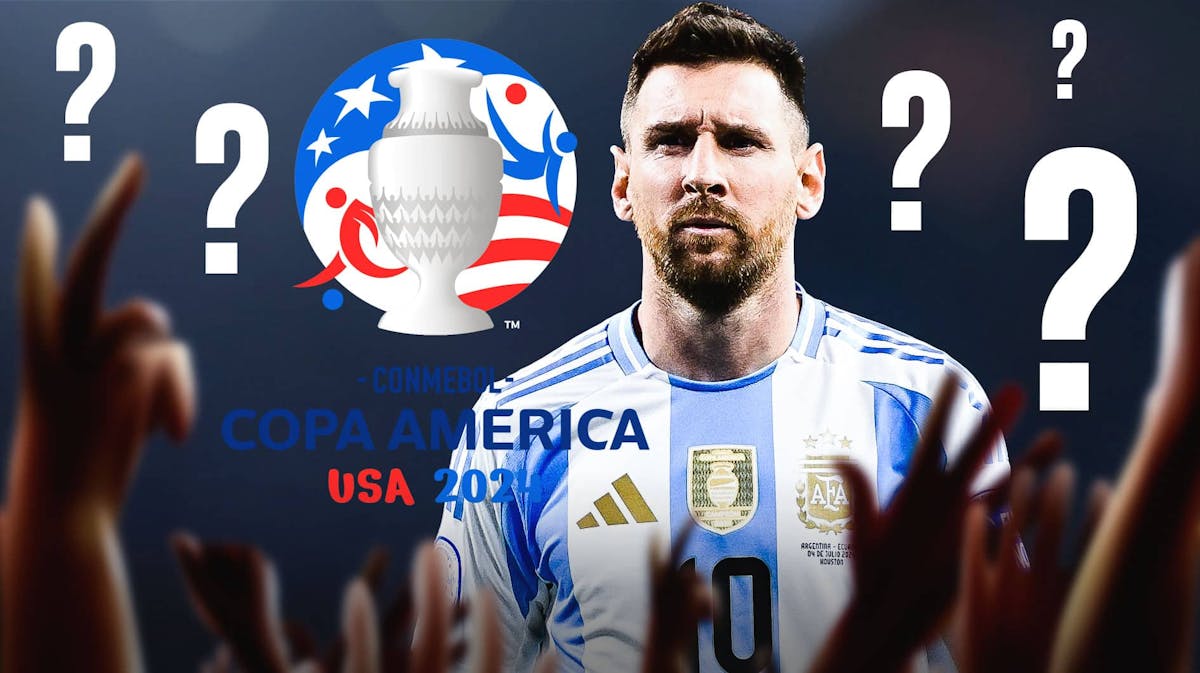 Lionel Messi in front of the Copa America logo, questionmarks in the air