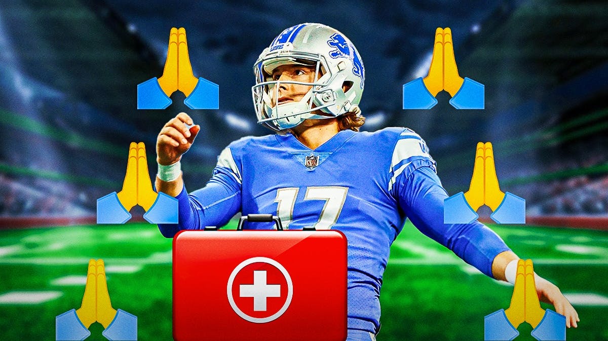Michael Badgley with an injury kit in front of him and a bunch of the prayer hands emoji in the background