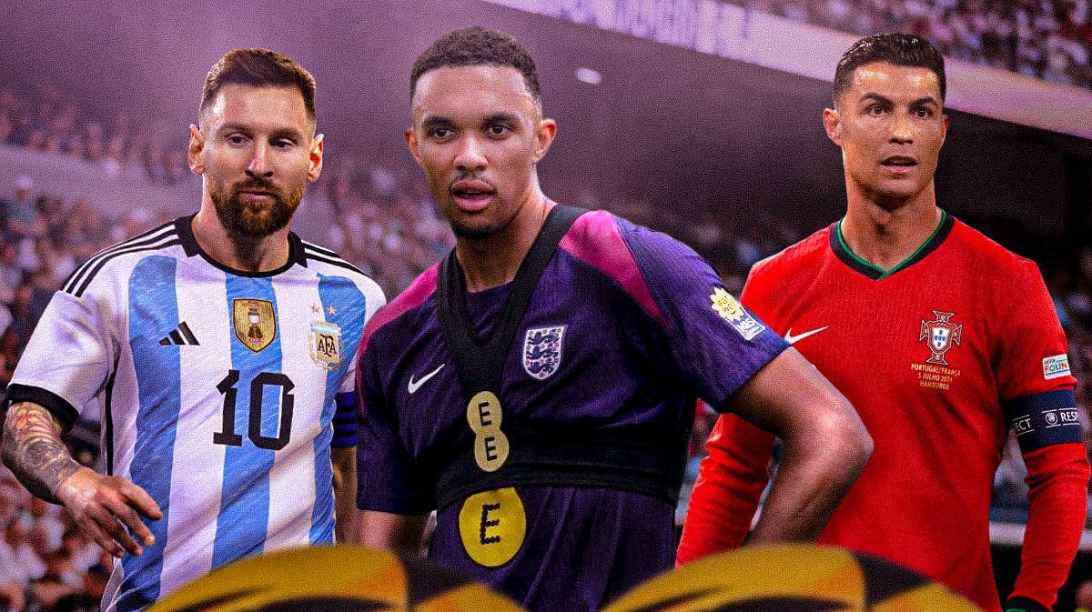 Lionel Messi, Cristiano ROnaldo on the sides, Trent Alexander-Arnold in the middle