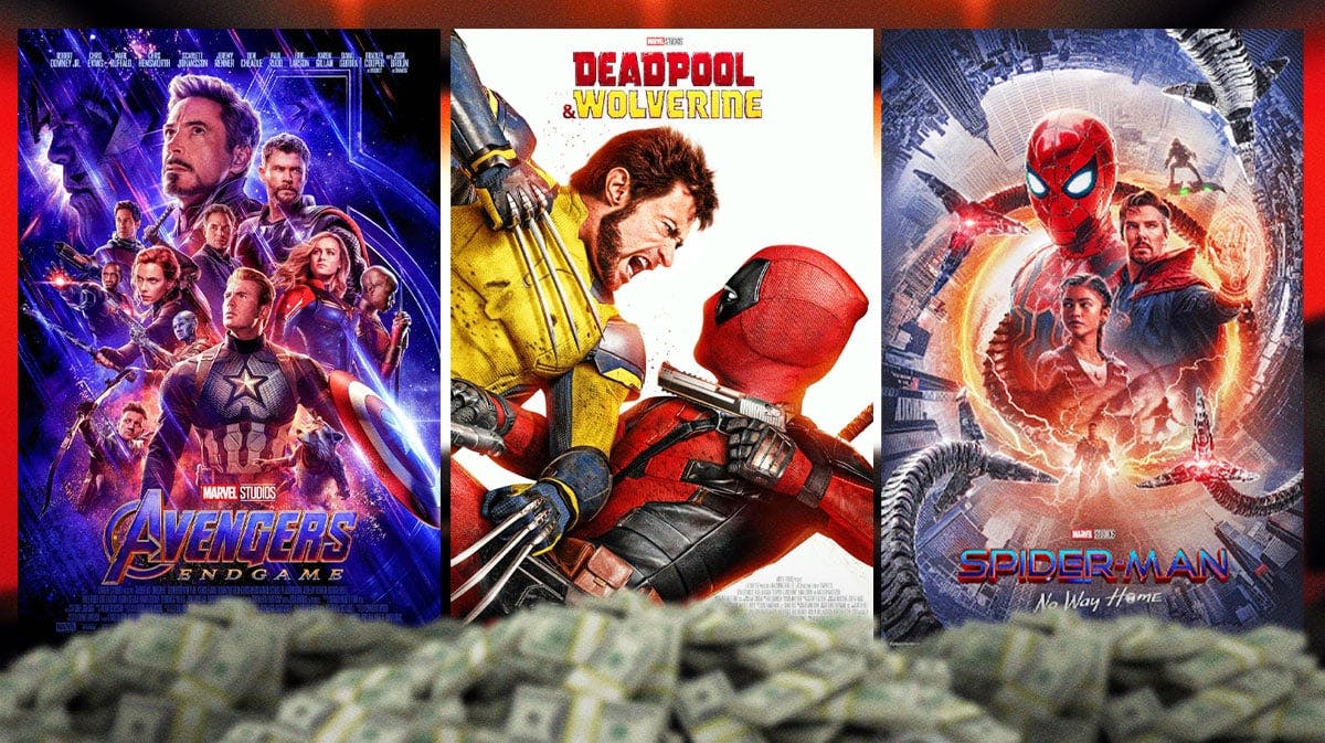 MCU (Marvel Cinematic Universe) movies Avengers: Endgame, Deadpool and Wolverine, and Spider-Man: No Way Home posters with money to represent box office.