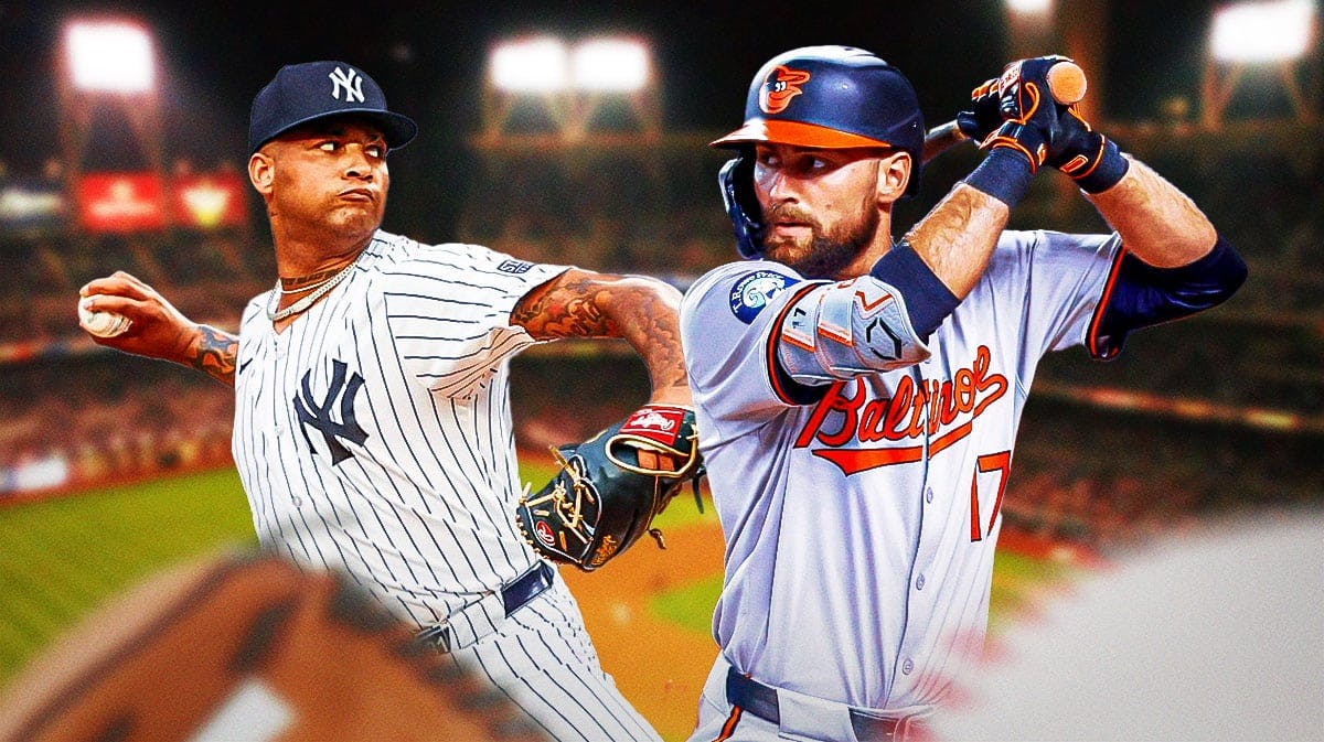 Rookie of the Year candidates Colton Cowser batting in a Baltimore Orioles uniform and Luis Gil pitching in a New York Yankees uniform as the two players are fighting it out for Rookie of the Year award honors and Cowser is now the betting favorite.