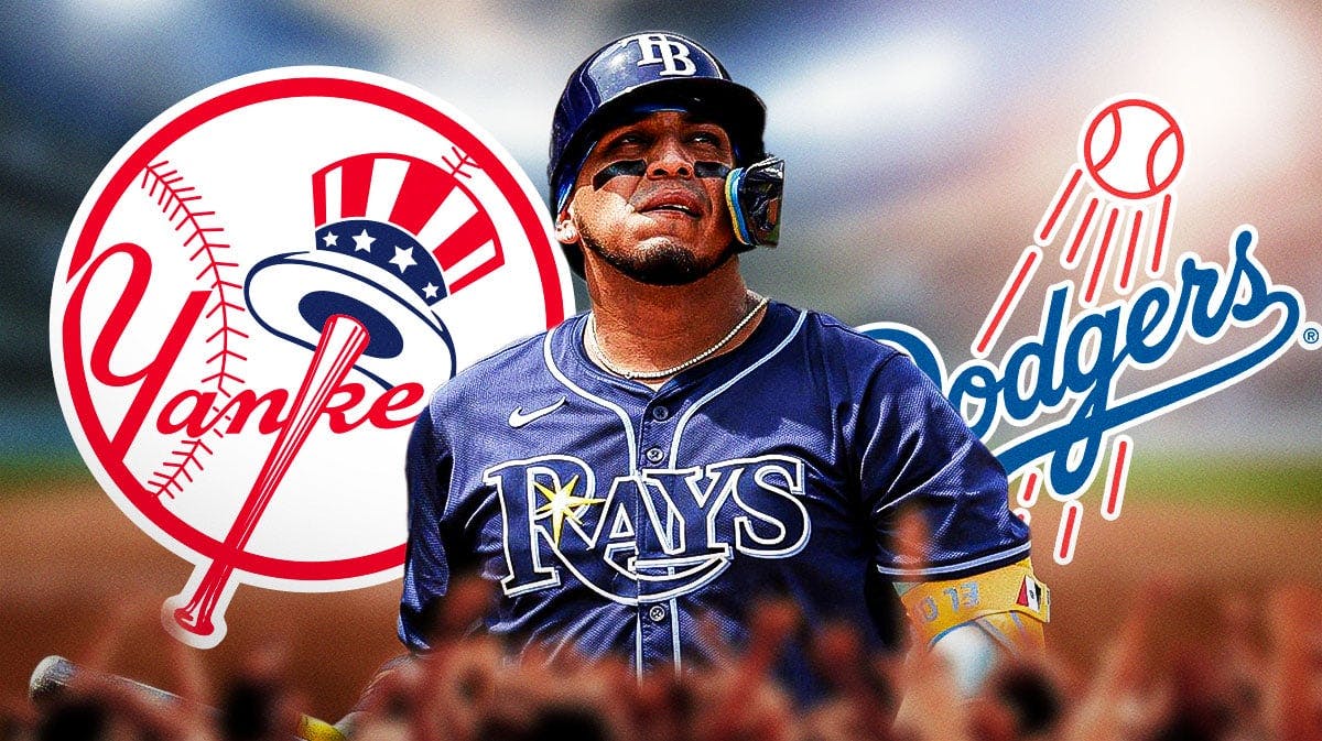 Tampa Bay Rays player Isaac Paredes between New York Yankees and Los Angeles Dodgers logos