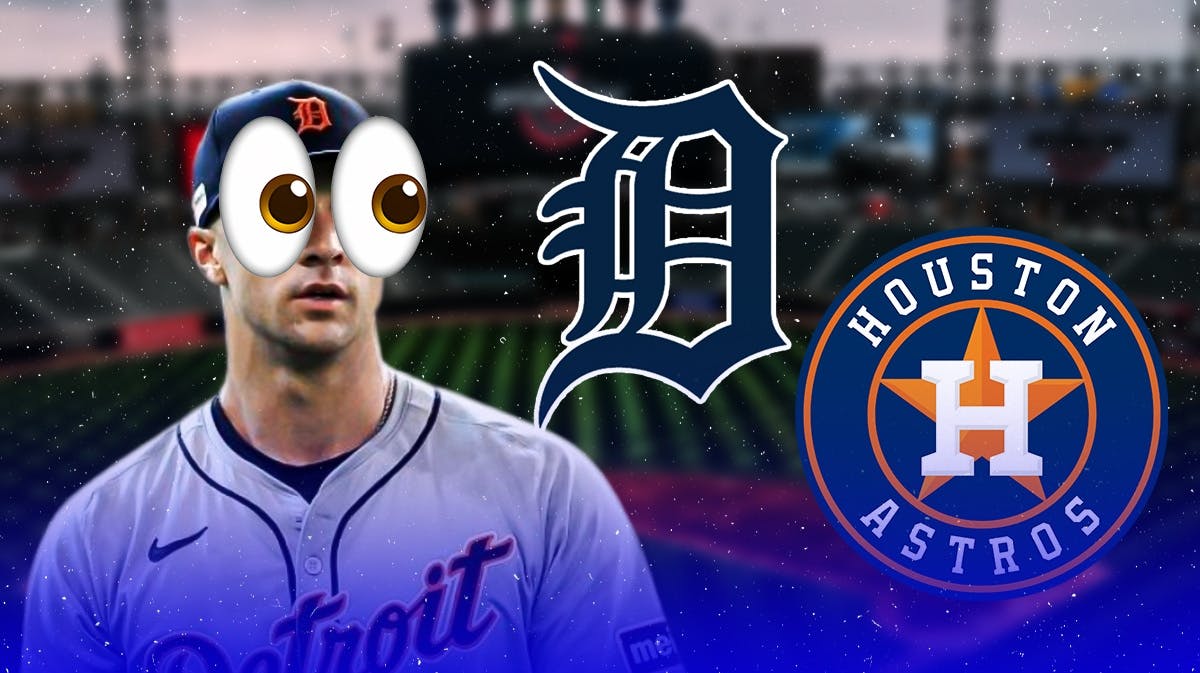 Jack Flaherty with big eye emojis in between Tigers and Astros logos
