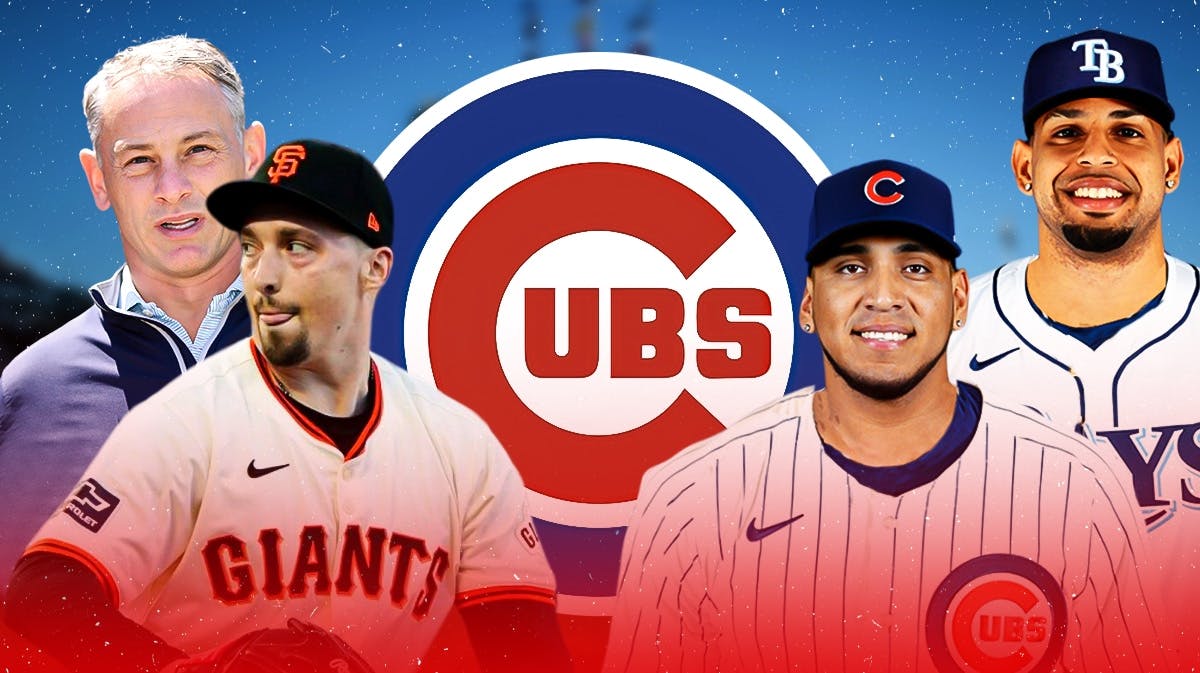 Chicago Cubs logo in center, Chicago Cubs GM Jed Hoyer on top left side, San Francisco Giants starting pitcher Blake Snell on bottom left side, Chicago Cubs 3B Isaac Paredes on top right side, Tampa Bay Rays outfielder Christopher Morel on bottom right side, Wrigley Field (Chicago Cubs home stadium) in background