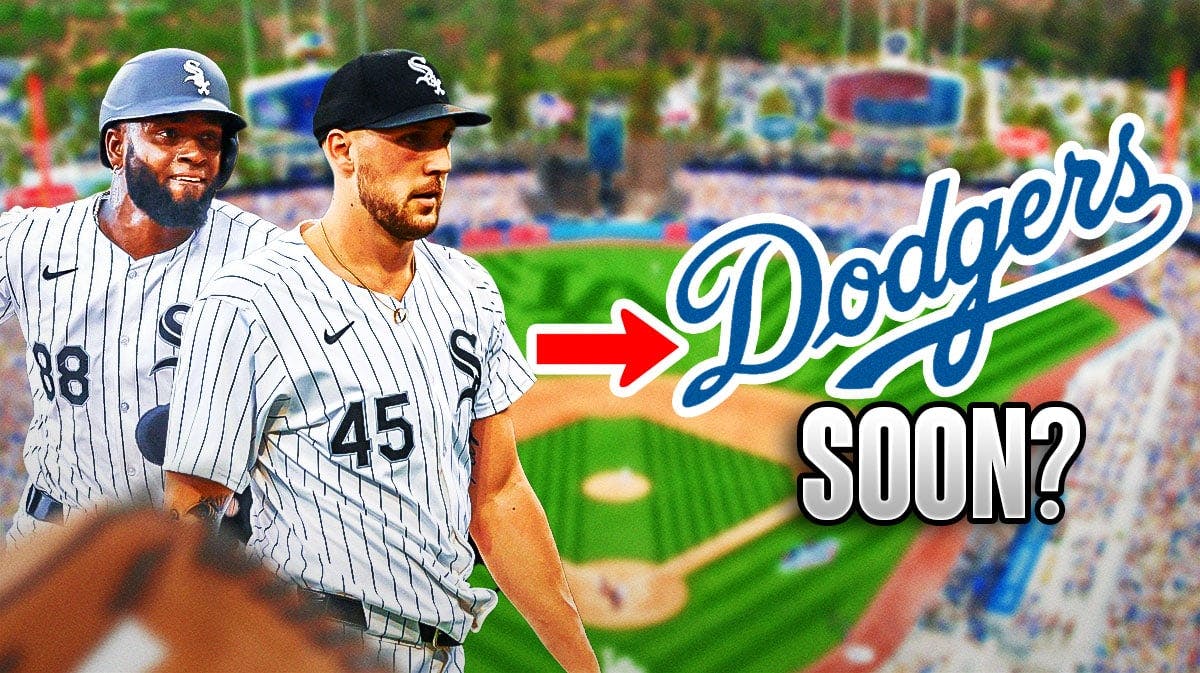 Chicago White Sox players Garrett Crochet and Luis Robert to the left - Dodgers logo to the right with "Soon?" beneath it as a bolded caption (no quotation needed) - arrow in the middle pointing to the right (from players to logo)