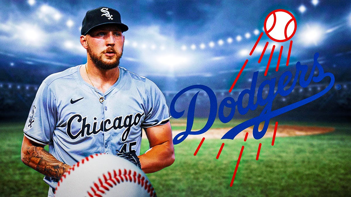 Chicago White Sox pitcher Garrett Crochet and Los Angeles Dodgers logo