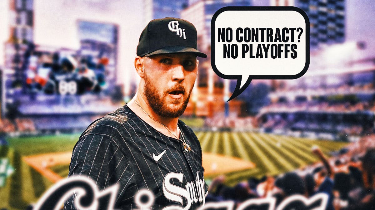 Garrett Crochet with speech bubble that says "no contract? no playoffs"