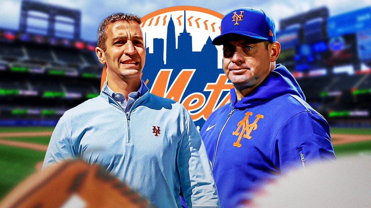 David Stearns and Carlos Mendoza in front of a Mets logo