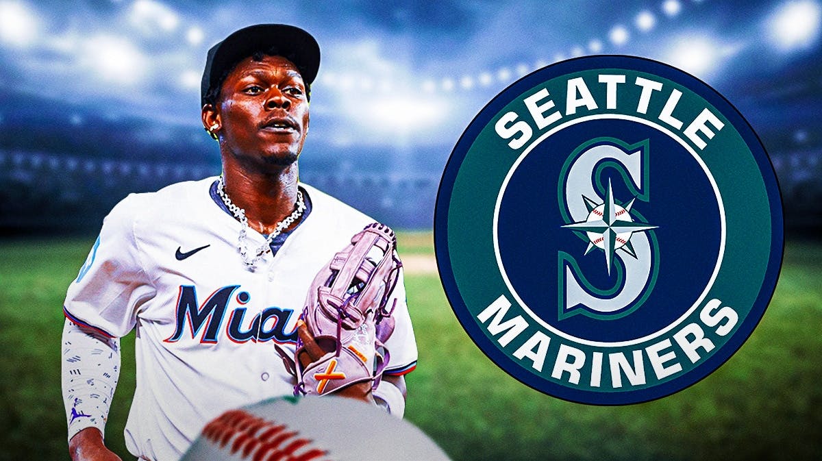 Miami Marlins player Jazz Chisholm Jr. and the Seattle Mariners logo