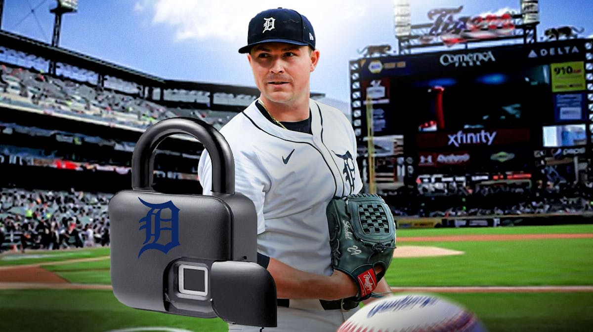 Tarik Skubal with a Lock and the Detroit Tigers logo over the Lock.