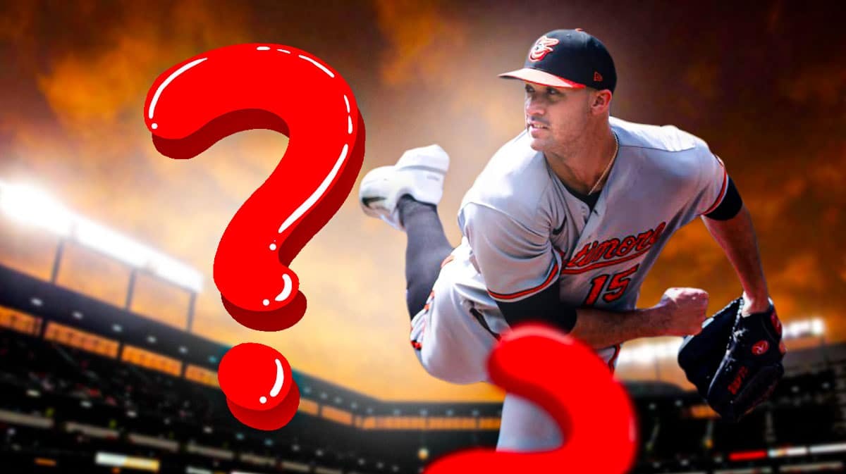 Jack Flaherty in an Orioles jersey with a question mark next to him.