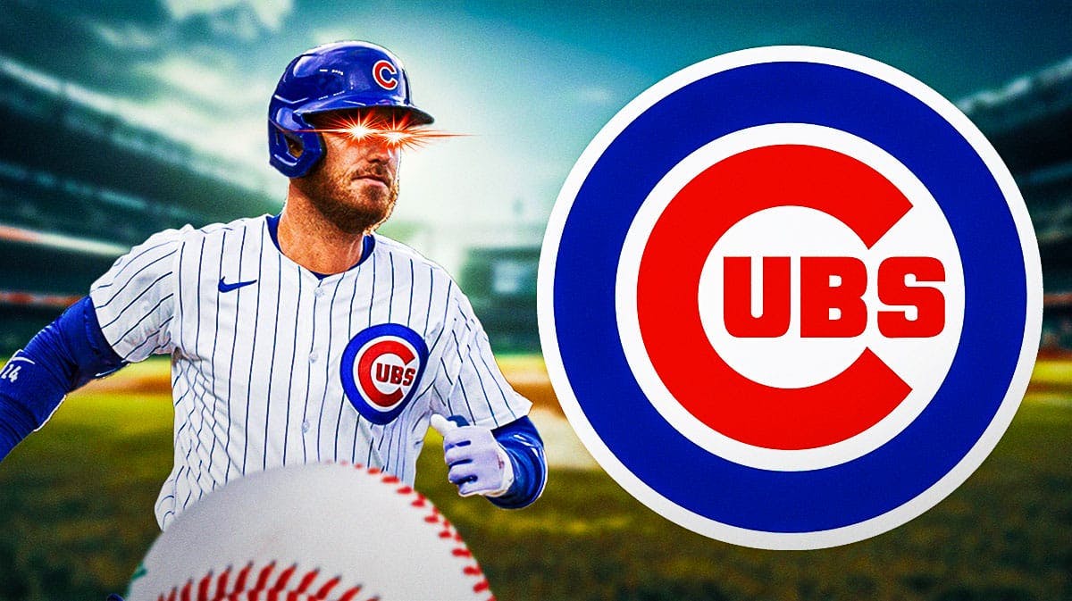 Cody Bellinger with laser eyes next to Cubs logo