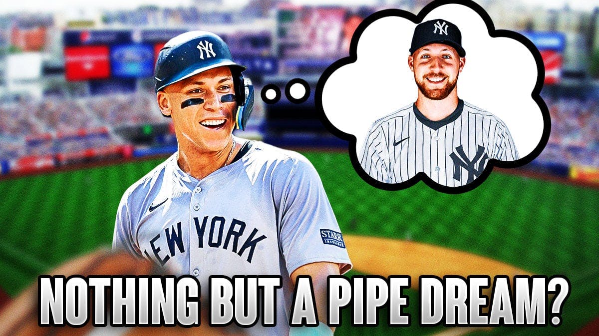 Yankees' Aaron Judge smiling, with a thought bubble on him with an image of White Sox's Garrett Crochet in a Yankees uniform, caption below: NOTHING BUT A PIPE DREAM?