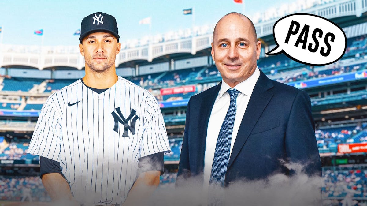 Jack Flaherty in a Yankees jersey on left. Yankees Brian Cashman saying the following: PASS