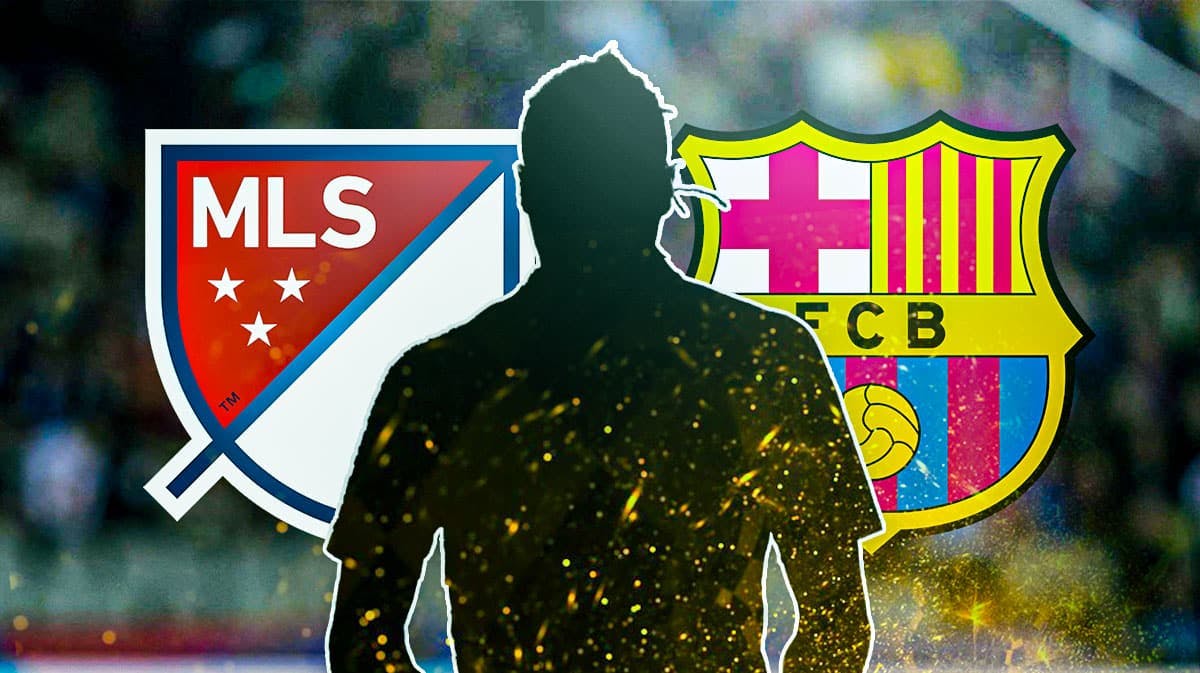 The silhouette of Mamadou Fall in front of the MLS and FC Barcelona logos