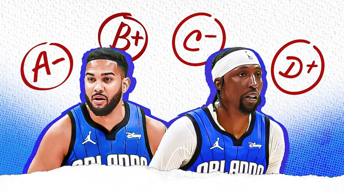 Kentavious Caldwell-Pope and Cory Joseph in Magic jerseys with letter grades around them (A-, B+, C-, D+)