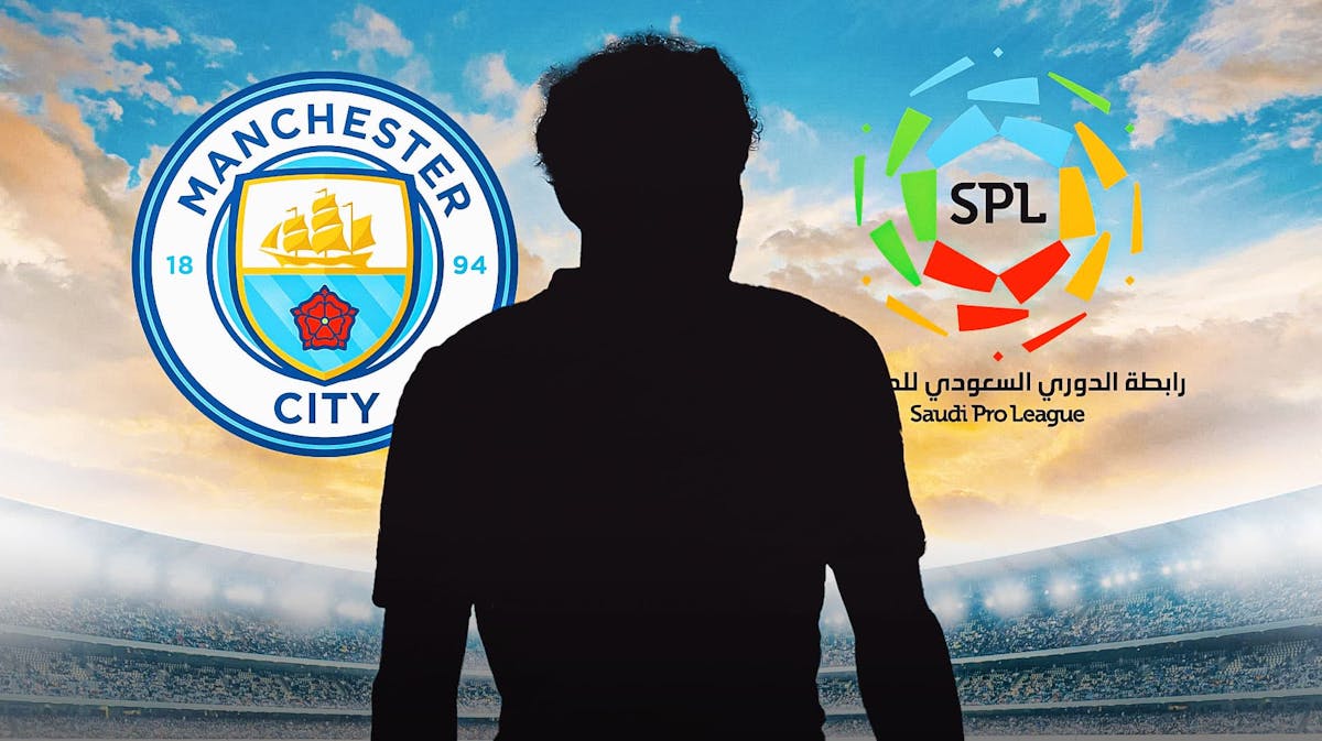 The silhouette of Ederson in front of the Manchester City and Saudi Pro League logos