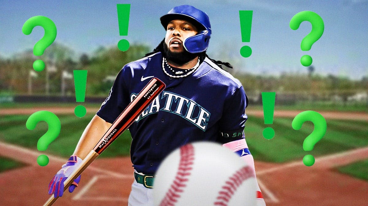 Vladimir Guerrero Jr. hitting in a Seattle Mariners uniform with little green question marks and exclamation points around him as the Mariners could trade for the Blue Jays' Guerrero Jr at the MLB trade deadline.