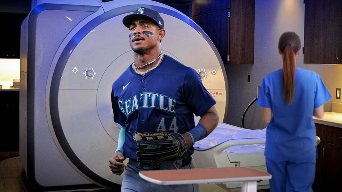 Mariners outfielder Julio Rodriguez in front of an MRI machine