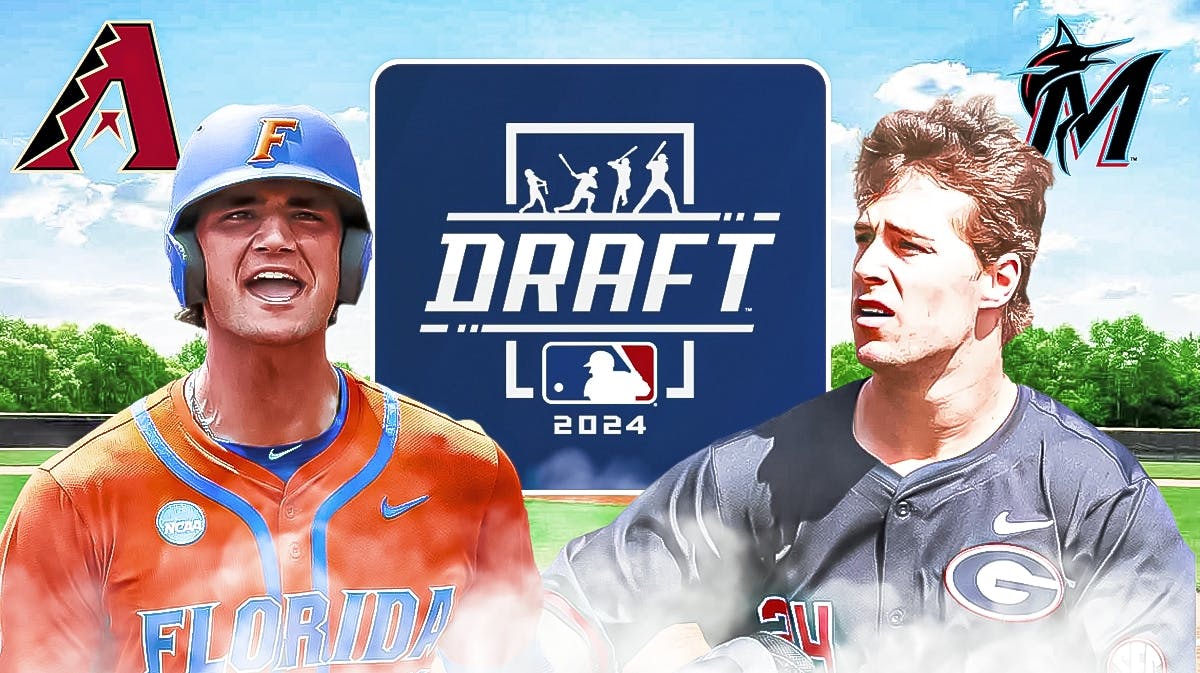 MLB Draft logo in the middle, Georgia's Charlie Condon, Florida's Jac Caglianone on either side. Miami Marlins and Arizona Diamondbacks logos in the top corners