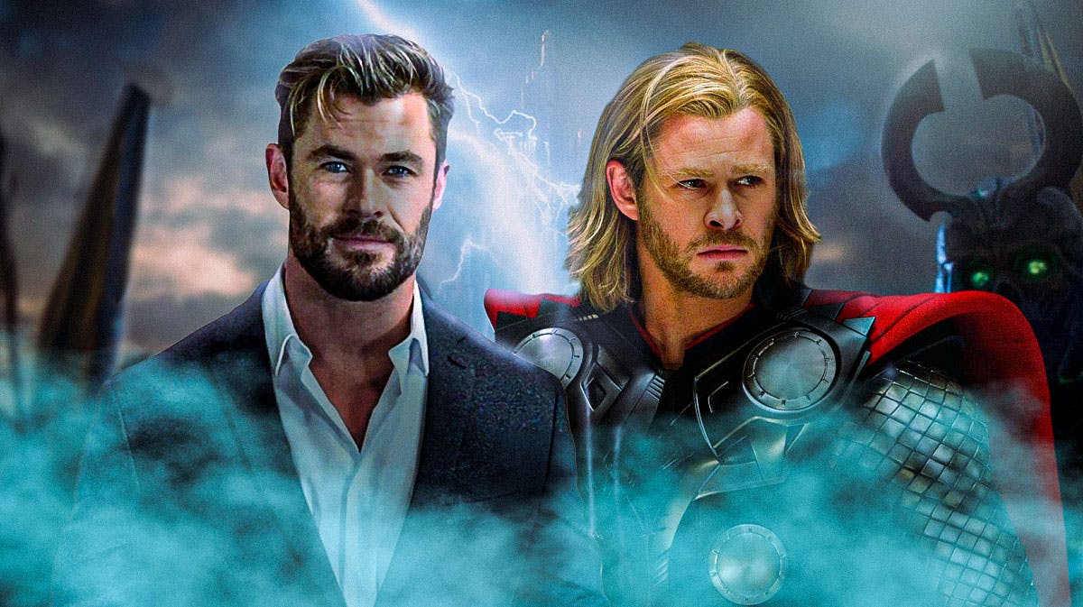 Marvel star Chris Hemsworth next to Thor with Asgard background.