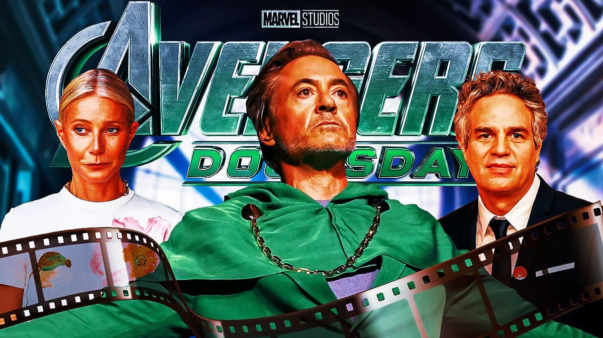 Marvel Cinematic Universe Avengers Doomsday logo with Gwyneth Paltrow, Robert Downey Jr as Doctor Doom reveal at San Diego Comic-Con (SDCC), and Mark Ruffalo.