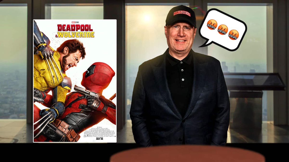 Deadpool & Wolverine poster; Kevin Feige with speech bubble containing 3 swearing emojis