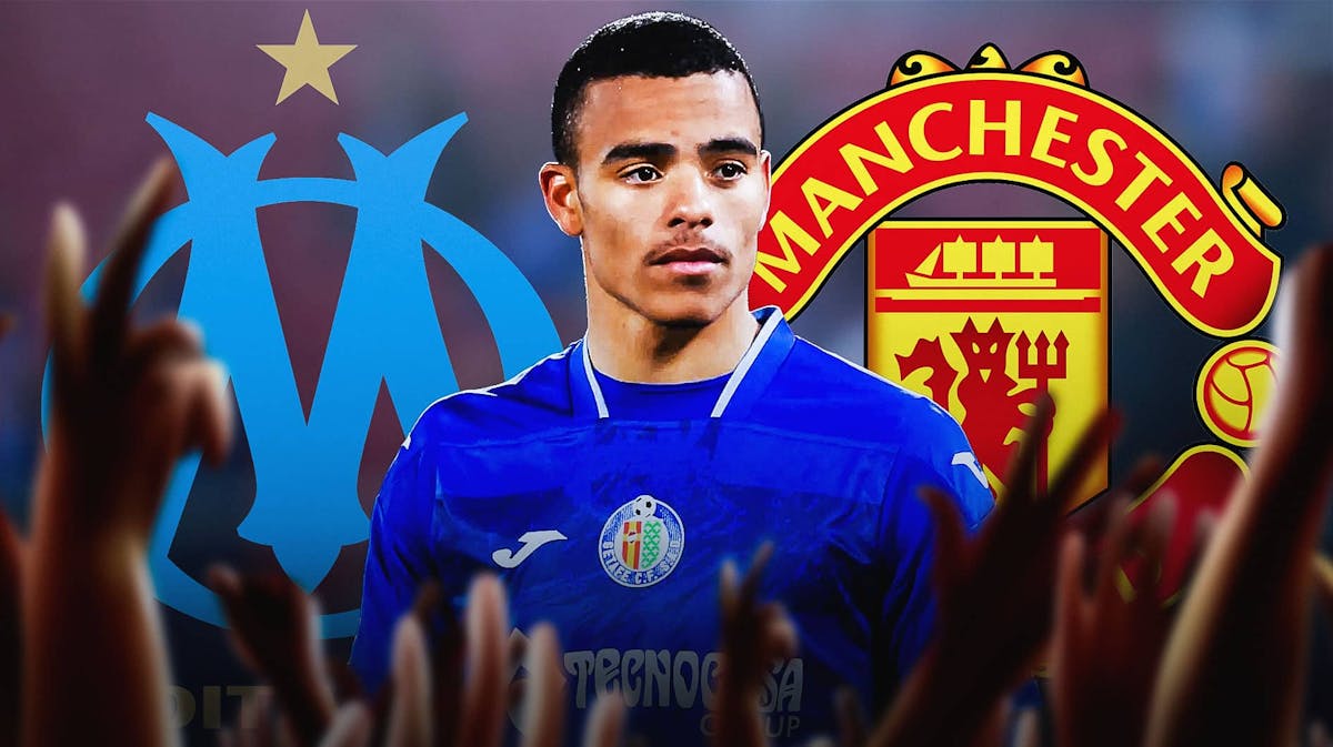 Mason Greenwood in front of the Marseille and Manchester United logos