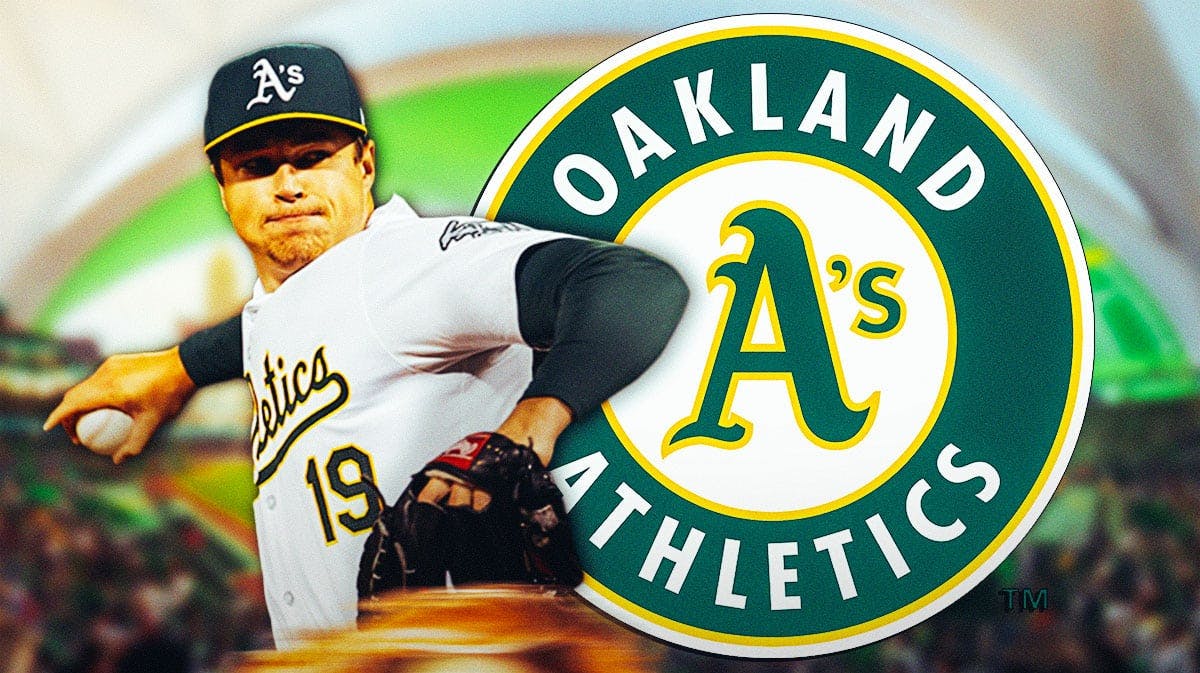 Oakland Athletics pitcher Mason Miller and the Athletics logo