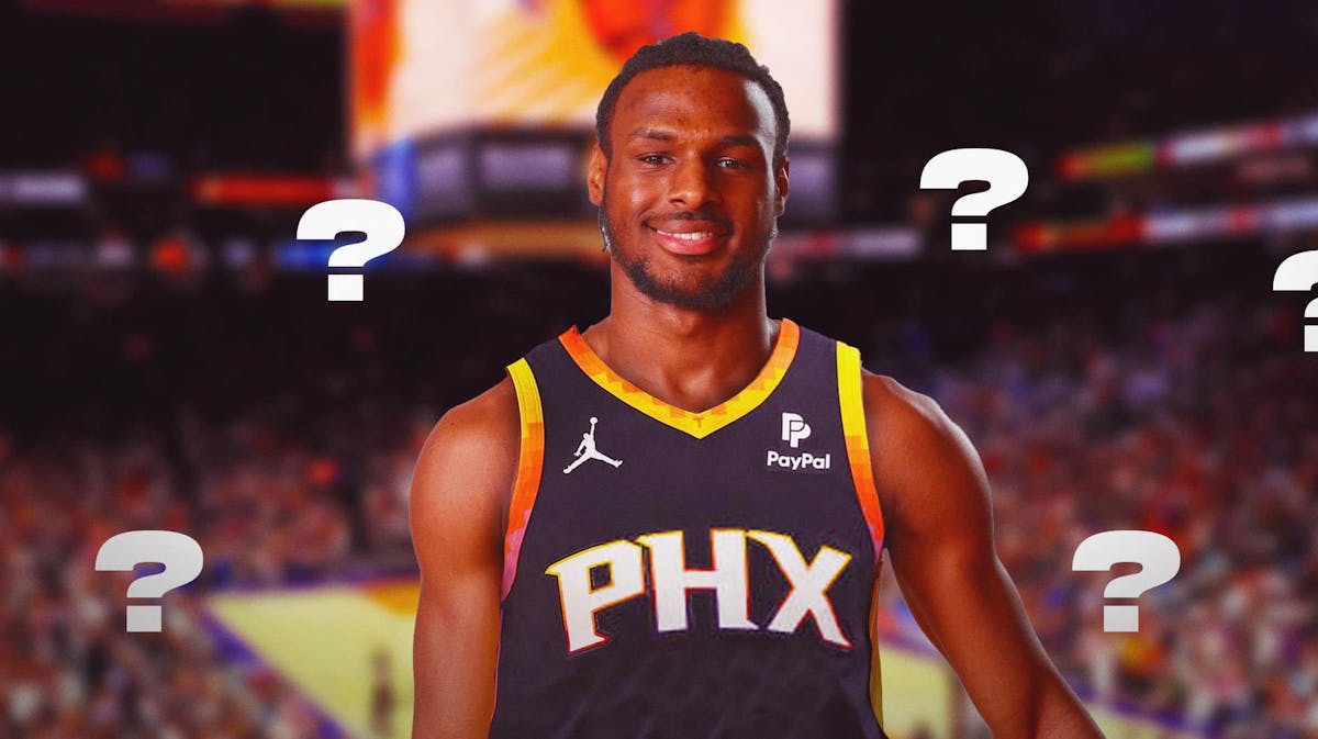 Bronny James in a Suns uniform surrounded by question marks