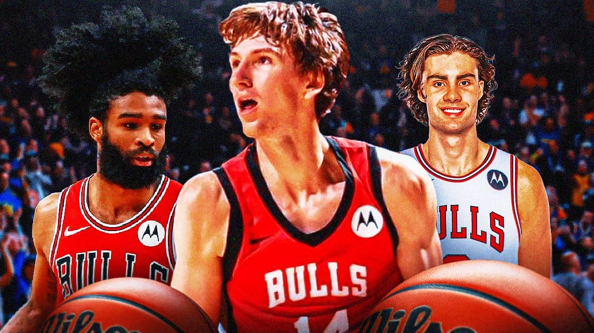 Bulls' Matas Buzelis hyped up, with Coby White and Josh Giddey (Bulls unis) smiling at him