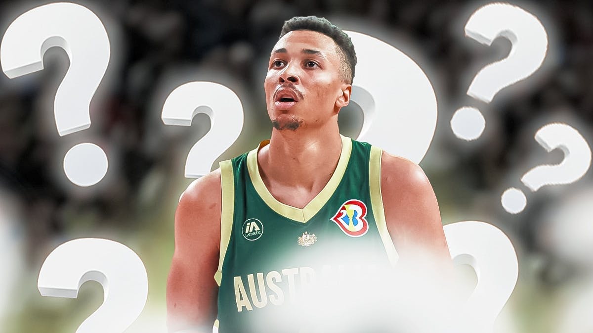 Dante Exum in a 2024 Australia basketball national team jersey. Place question marks all over image.