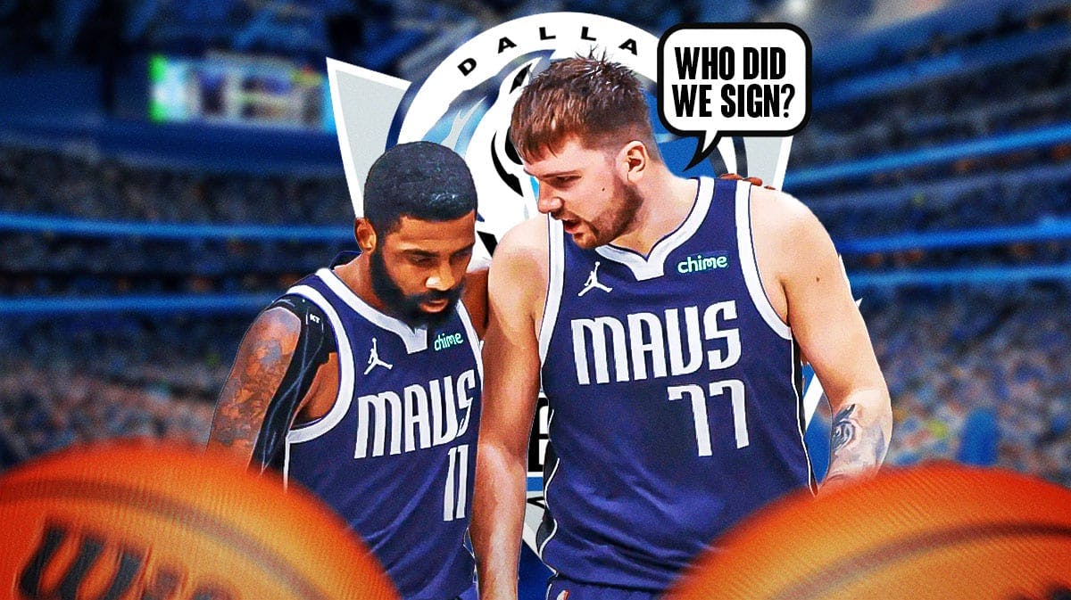 Luka Doncic asking Kyrie Irving the following question: Who did we sign? Place the Mavericks logo in background.