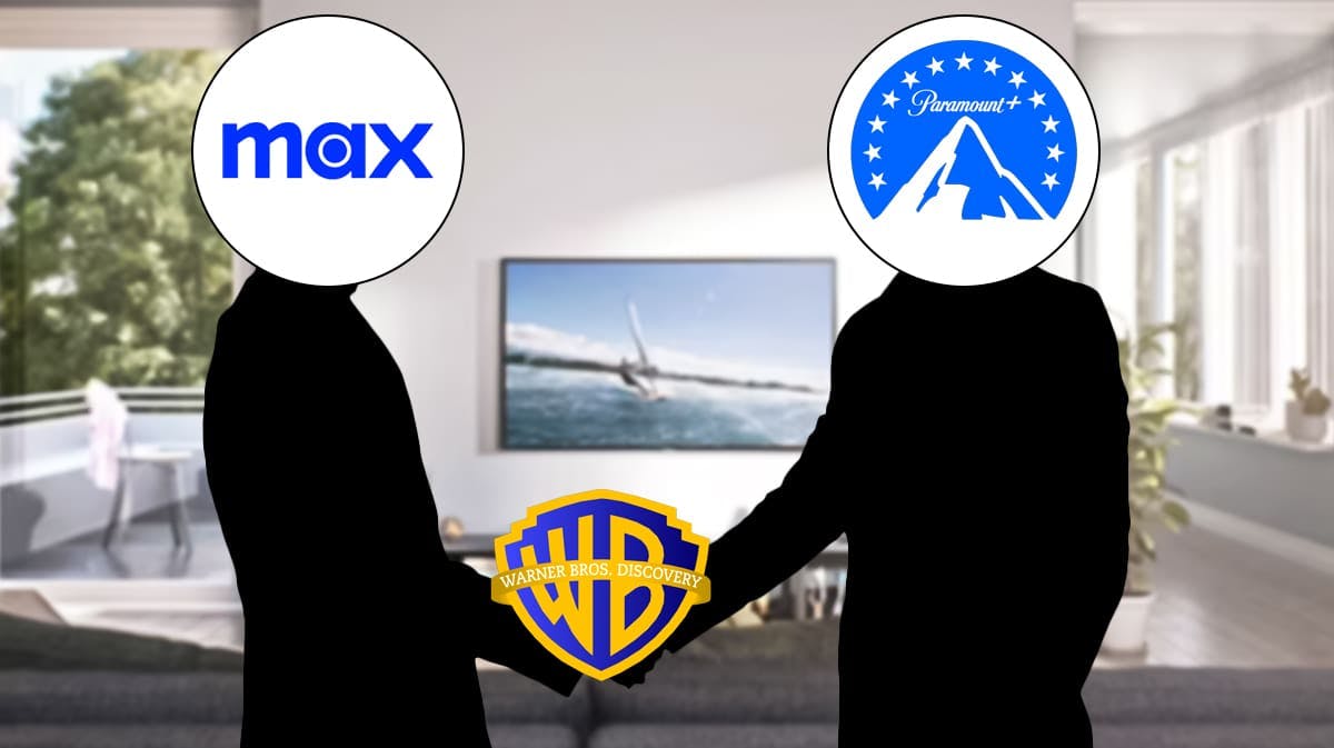 Silhouette of two men shaking hands; one has the head with the Max logo, the other the Paramount+ logo; The hands have the Warner Bros. Discovery logo