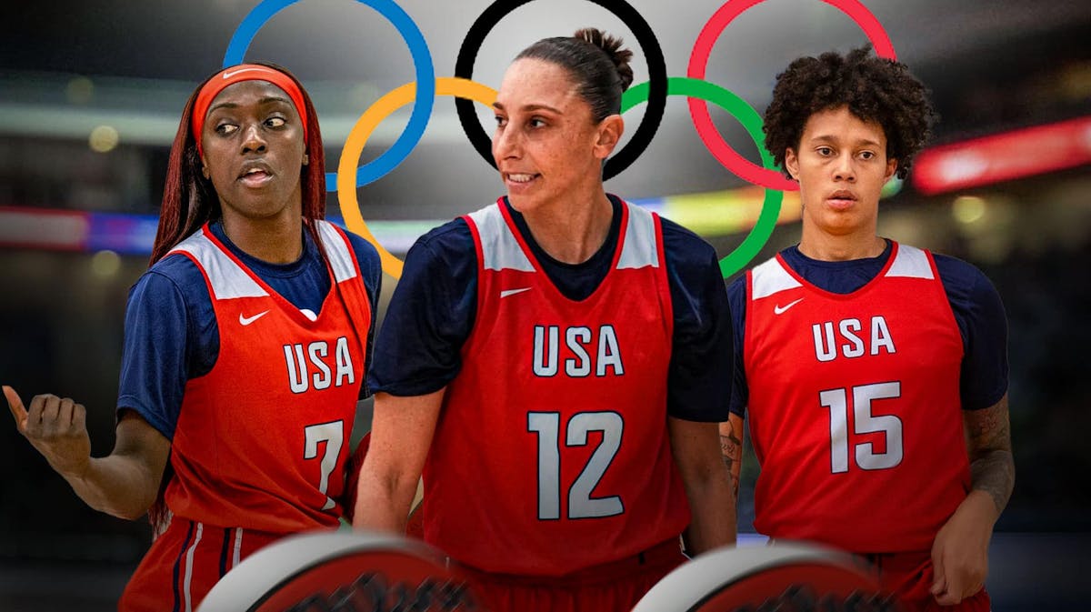 Brittney Griner, Diana Taurasi and Kahleah Copper in Team USA basketball jerseys with the Olympics logo in the background, Mercury