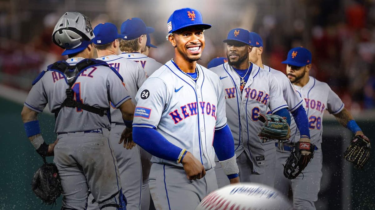 Francisco Lindor in a Mets uniform celebrating with Mets teammates as the team awaits decisions the front office will make at the upcoming MLB trade deadline