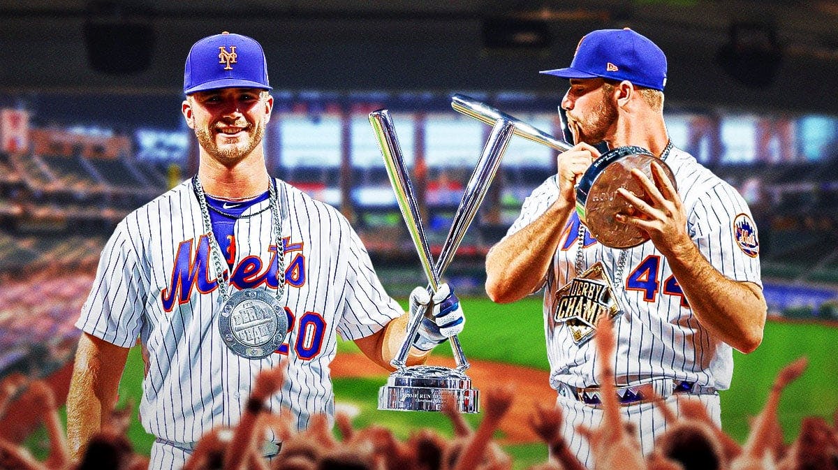 2 photos of Pete Alonso (Mets), one of him holding the Home Run Derby trophy each year that he won it (2019 and 2021). Globe Life Field (Texas) is in the background.