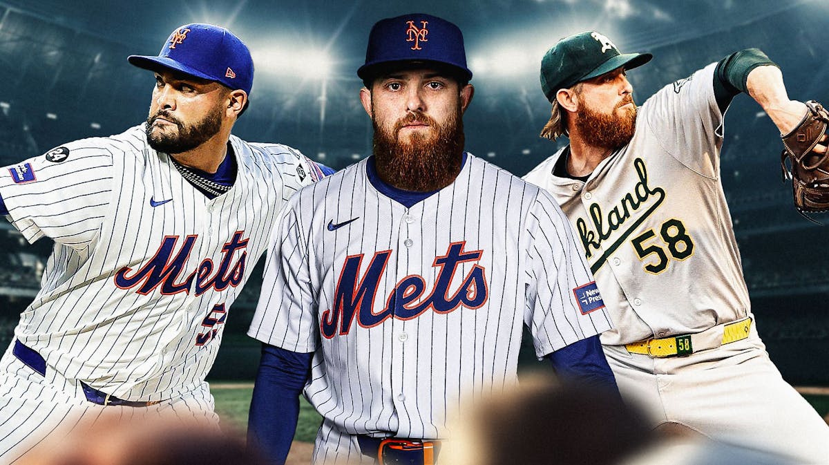 Paul Blackburn in Mets uniform in the middle, with Sean Manaea beside him and Blackburn in Athletics uniform on the side