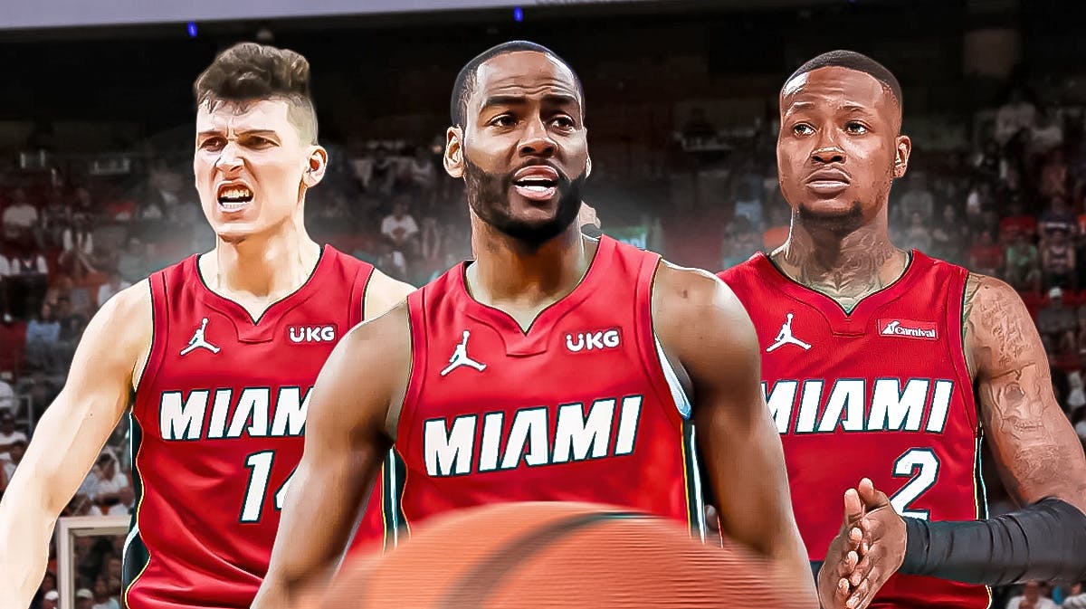 Miami Heat stars Alec Burks, Tyler Herro, and Terry Rozier in front of Kaseya Center.