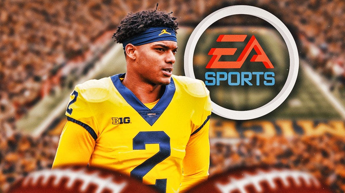 Michigan football, Will Johnson, Wolverines, College Football 2025, Will Johnson College Football 2025, Will Johnson in Michigan uni and EA Sports logo with Michigan football stadium in the background