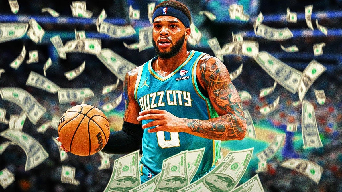 Miles Bridges in Hornets jersey with money flying around him