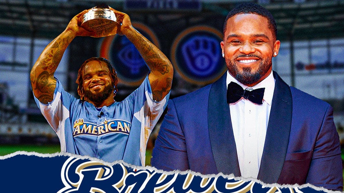 Prince Fielder in front of Brewers logo