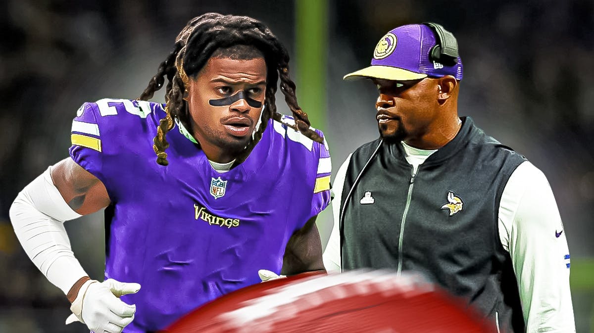 Brian Flores on one side in Minnesota Vikings gear, Bobby McCain on the other side in a Minnesota Vikings uniform
