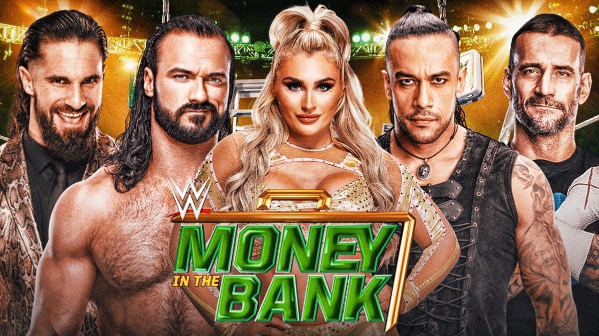 WWE 2024 Money in the Bank logo with Seth "Freakin" Rollins, Drew McIntyre, Tiffany Stratton, Damian Priest, and CM Punk.