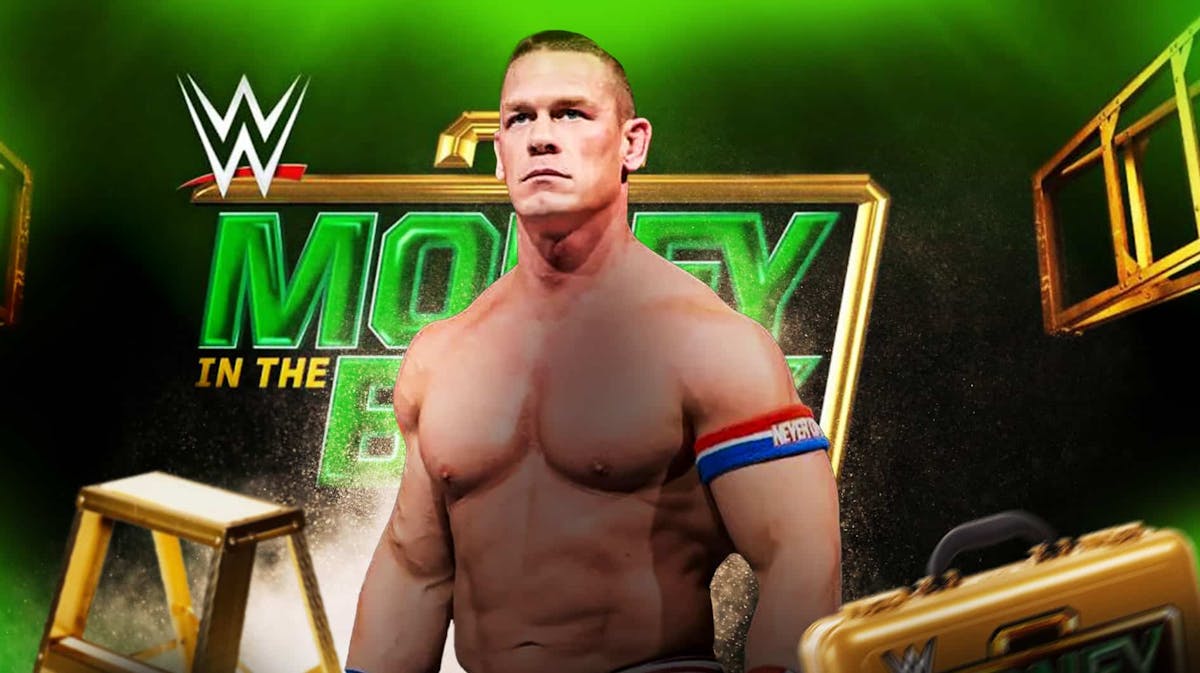 John Cena in front of the Money in the Bank logo.