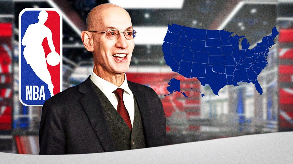 Adam Silver in front of the NBA logo and the continental USA