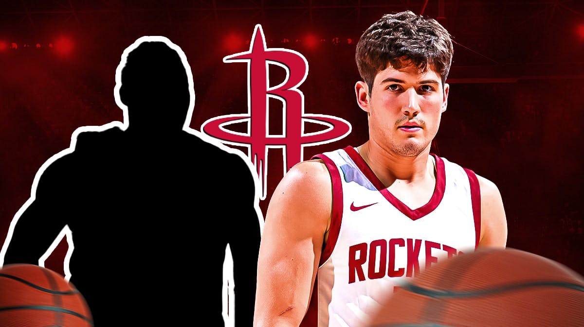 Reed Sheppard beside an anonymous figure with Houston Rockets logo behind them