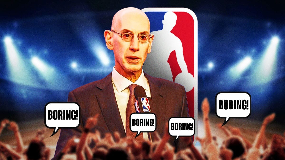 Adam Silver on one side, a bunch of NBA fans on the other side with a speech bubble that says "Boring!"