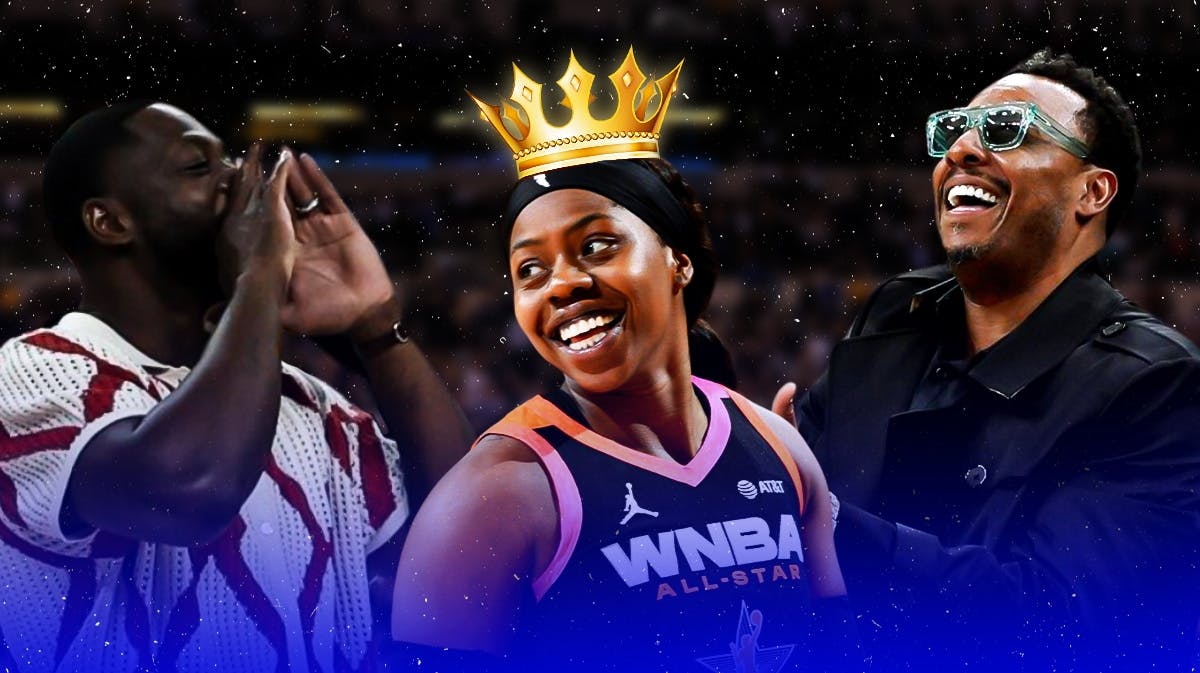 NBA legends Dwyane Wade and Paul Pierce with WNBA All-Star MVP Arike Ogunbowale after win vs. Team USA