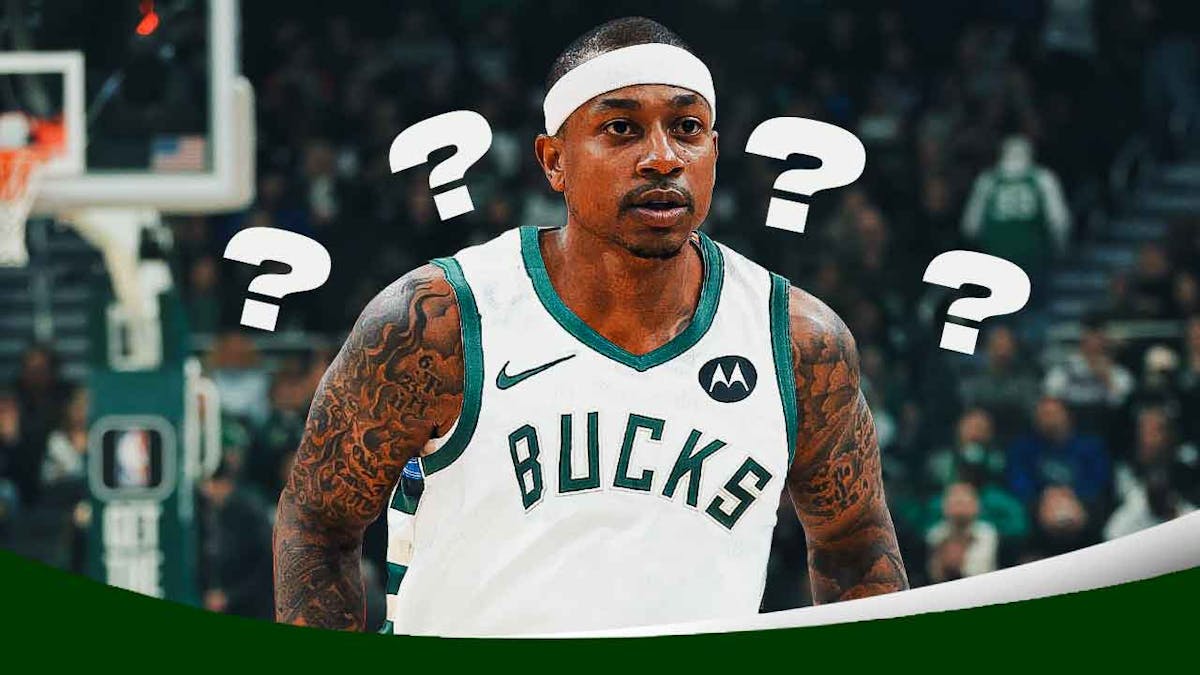 Isaiah Thomas in a Bucks jersey, surrounded by question marks
